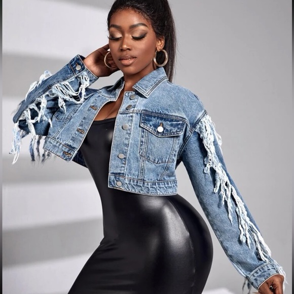 SHEIN Jackets & Blazers - NWT Shein SXY Fringe Trim Drop Shoulder Denim Jacket